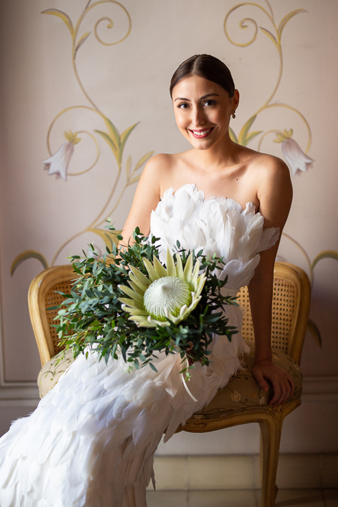 stylish merida mexico bride with protea boquet and feathered wedding gown elizabeth medina yucatan wedding blog 0022 Casa Faller and Mansion Merida, Wedding Day Photos in Merida’s Most Elegant Wedding Venues, Maribel and Robertostylish merida mexico bride with protea boquet and feathered wedding gown  