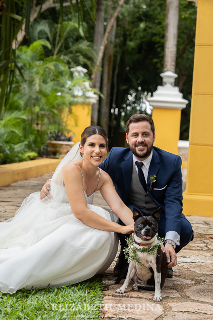 bride groom and Boston terrier with flower wreath Hacienda Xcanatun by Agsana Wedding Photographer 215 Hacienda Xcanatun by Angsana Wedding, Alba and Gerardobride and groom Hacienda Xcanatun by Agsana wedding photographer Elizabeth Medina , Merida, Yucatan, photography at Mexico top wedding hacienda venue  