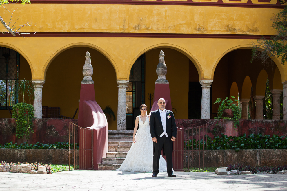Bride and groom first look near the hacienda steps 917_294 A very international wedding in Merida, Mexico  